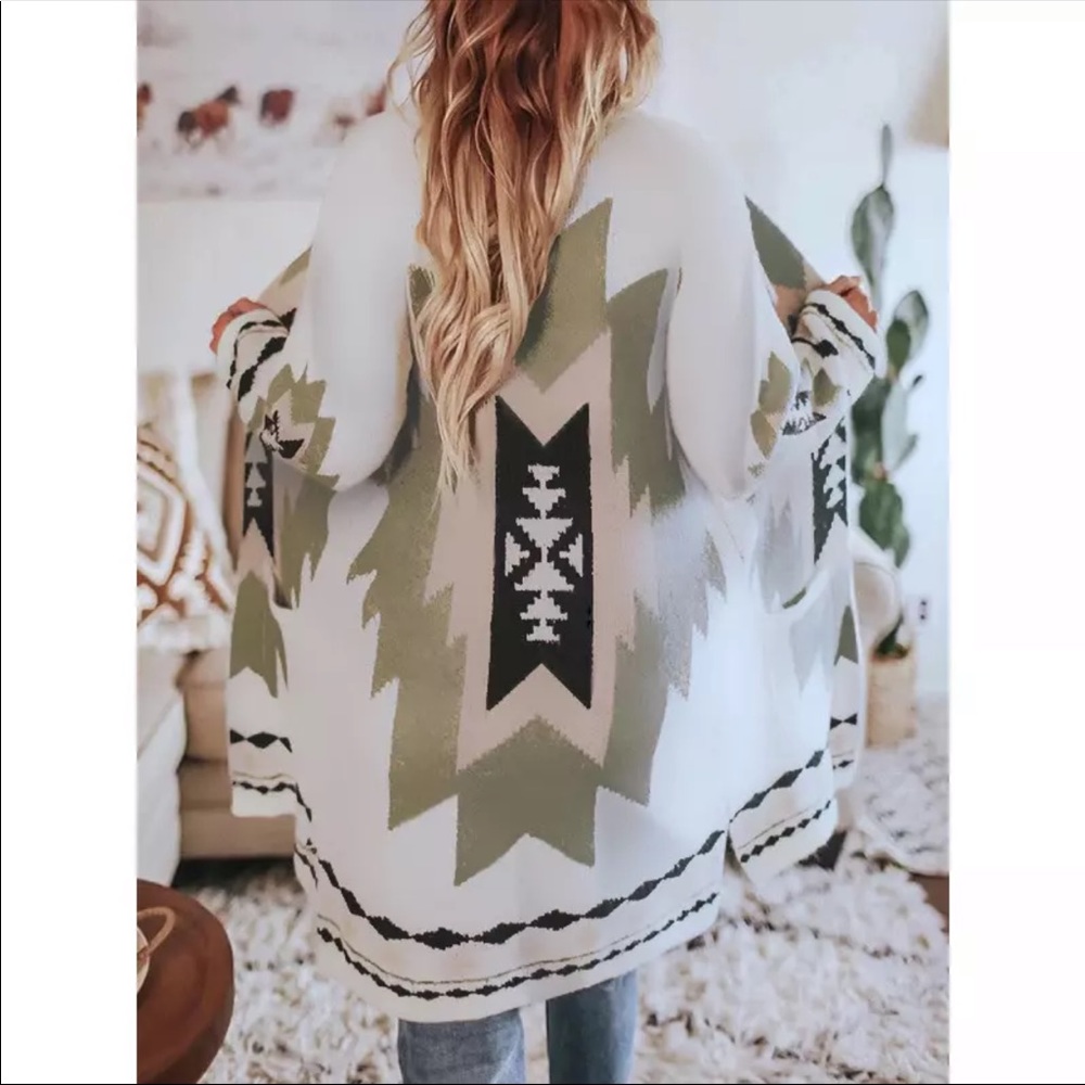 Boho print knit cardigan sweater long pockets - Picture 1 of 5